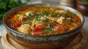 Delicious Homemade Stew With Seafood and Vegetables Crafted in a Rustic Kitchen Setting photo