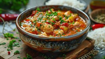 Savoring Delicious Homemade Chicken Stew Garnished With Fresh Herbs in Rustic Kitchen Setting photo