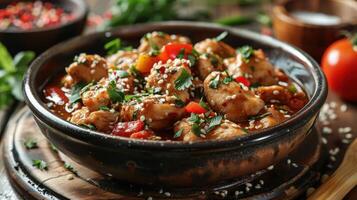 Colorful Chicken Dish With Vegetables and Herbs Served in Rustic Bowl on Wooden Table photo