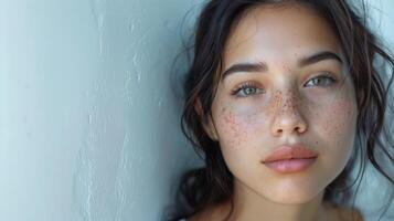 Captivating Portrait of a Young Woman With Freckles Against a Soft Textured Background in Morning Light photo