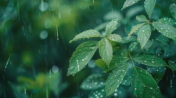 Refreshing Raindrops Dance on Green Leaves in a Lush Forest During a Gentle Afternoon Shower photo