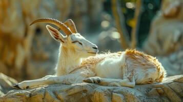 Majestic Mountain Goat Resting Peacefully on Sunlit Rock in Serene Wildlife Habitat photo