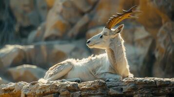 Majestic White Antelope Resting Tranquilly on Rocky Outcrop Under Gentle Sunlight in Breathtaking Mountain Landscape photo