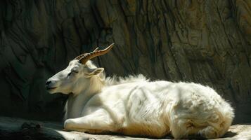 Majestic Mountain Goat Resting Peacefully Under Sunlight in Rocky Terrain at Midday photo