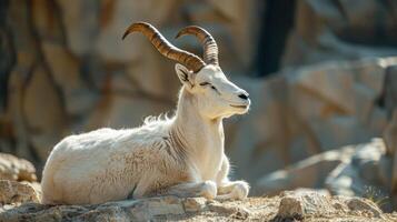 Majestic Mountain Goat Resting on Rocks Under Warm Sunlight in a Serene Alpine Landscape photo