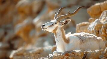 Majestic Gazelle Resting Peacefully Amongst Desert Rocks Under Soft Golden Sunlight photo