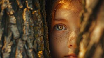 A Young Girl Peering Through Tree Bark in a Tranquil Forest During Golden Hour photo