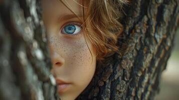 A Curious Child Peeks From Behind the Textured Bark of a Tree in a Sunlit Forest photo