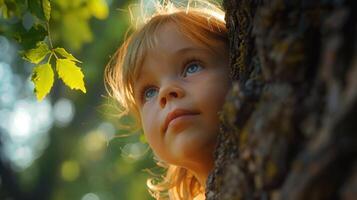 A Child Peering From Behind a Tree With Sunlight Filtering Through Leaves in a Serene Forest Setting photo
