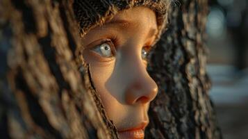 A Young Child Gazes Wonderfully at Nature Through a Tree's Bark on a Golden Winter Afternoon photo