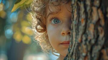 Curious Child Peeking Around a Tree in a Sunlit Forest During a Warm Afternoon photo