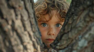 Curious Child Peeking Through the Bark of a Majestic Tree in a Sunlit Forest photo