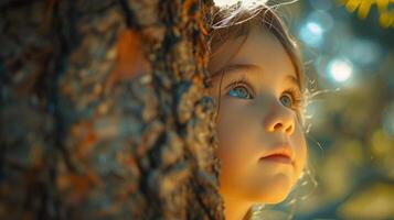 A Curious Child Gazes Upward From Behind a Tree in Sunlit Forest During Autumn Afternoon photo