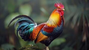 Vibrant Rooster Strutting Confidently Among Lush Tropics at Dawn photo