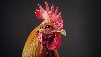 Majestic Rooster Displaying Vibrant Plumage Against DarkBackdrop in Soft Morning Light photo
