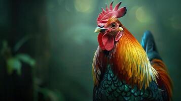 Vibrant Rooster Strutting Through Lush Forest Under Soft Morning Light photo