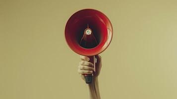 Bold Message Amplified Through a Vibrant Red Megaphone Held High Against a Neutral Background photo