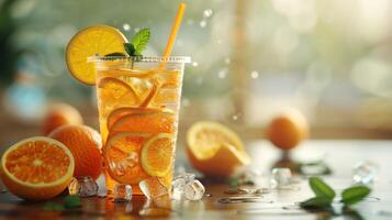 Refreshing Citrus Beverage Surrounded by Juicy Oranges and Fresh Mint Leaves on a Sunny Afternoon photo