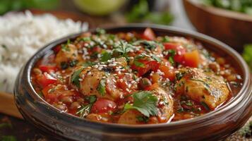 Delicious Authentic Chicken Curry Served With Fragrant Basmati Rice in a Cozy Kitchen Setting photo