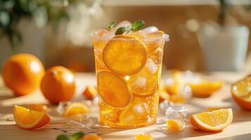 Refreshing Citrus Drink With Ice and Slices Captured in Bright Sunlight Indoors photo