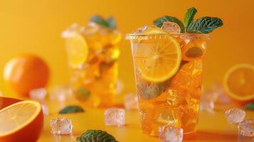 Refreshing Summer Citrus Beverages Garnished With Mint in a Bright and Sunny Setting photo