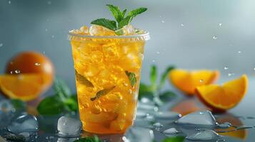 Refreshing Citrus Beverage With Mint Leaves and Ice Glistening Under Soft Light at a Summer Gathering photo