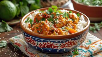 A Colorful Bowl of Delicious Vegetable Curry Served With Fragrant Rice and Fresh Herbs on a Rustic Wooden Table photo