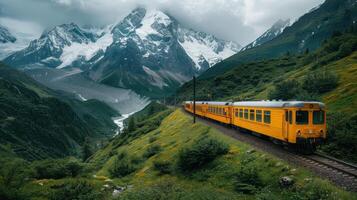 Charming Yellow Train Journeying Through Majestic Mountains on a Cloudy Day photo