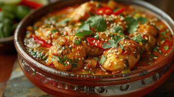 Delicious Seafood Dish Featuring Shrimp, Herbs, and Spices Served in Vibrant Earthenware Bowl photo