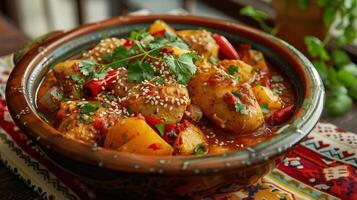 Vibrant Homemade Vegetable Curry Simmering in a Rustic Pot Surrounded by Colorful Tablecloths photo