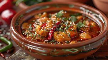 A Savory Bowl of Traditional Spicy Vegetable Curry With Fresh Herbs in a Rustic Setting photo