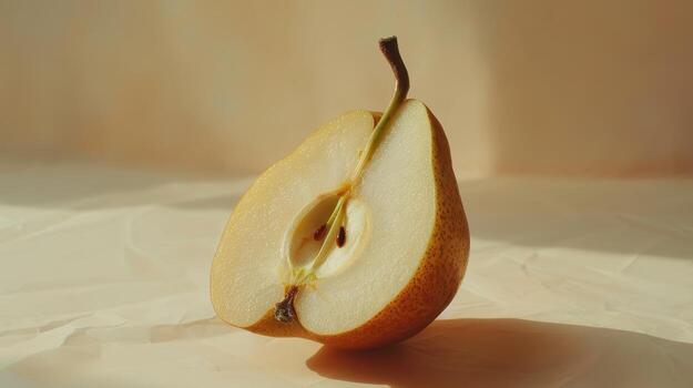 A Detailed Close-Up of a Freshly Cut Pear Illuminated by Warm Natural Light photo