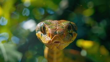 A Vibrant Green Tree Snake Emerges Amidst Lush Jungle Foliage Under Bright Sunlight photo