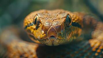 Golden-Brown Snake Coiled Camouflaged Among Vibrant Greenery in Sunlit Environment photo