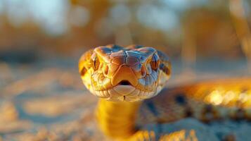 Golden-Hued Python Slithering Gracefully Across the Sandy Savannah During The Warm Evening Light photo