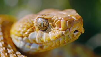 Golden Yellow Snake Posing Elegantly Among Lush Greenery Under Soft Sunlight photo