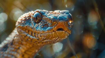 Captivating Close-Up of a Colorful Snake Relaxing in the Lush Jungle During a Bright Sunny Day photo