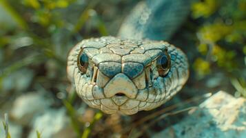 Close-Up Encounter With a Striking Snake in a Vibrant Green Habitat During Daytime photo