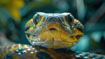 A Colorful Close-Up of an Intricate Snake at Dawn in Lush Tropical Rainforest photo