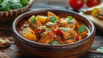 A Flavorful Traditional Dish Served in a Rustic Bowl With Fresh Ingredients on a Wooden Table photo