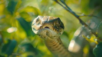A Serene Moment In Nature With A Vibrant Green Snake Among Lush Foliage Under The Sunlight photo