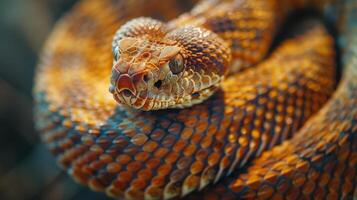 Captivating Close-Up of a Vibrant Desert Rattlesnake Sunbathing on a Warm Rock at Dusk photo