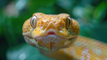 Close-Up Encounter With a Striking Yellow Snake Against Lush Green Foliage in a Serene Natural Habitat photo
