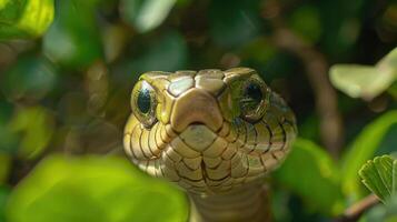 A Close-Up of a Vibrant Green Snake Peeking Through Lush Green Foliage in a Tropical Habitat photo