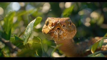 Captivating Close-Up of a Colorful Snake Submerged in Lush Green Foliage During a Sunlit Afternoon photo