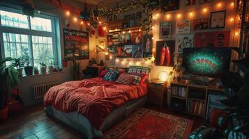 A Cozy Bedroom Decorated With String Lights and Plants in the Evening photo