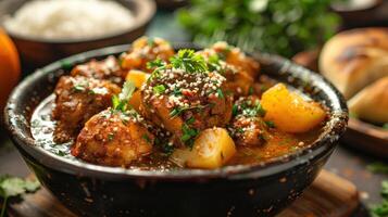 Deliciously Spiced Meat and Potato Curry Served in a Rustic Bowl With Fresh Herbs photo