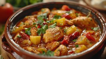 Delicious Home-Cooked Chicken Stew With Fresh Vegetables Prepared in a Rustic Kitchen photo