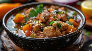 A Delicious Bowl of Hearty Chicken Stew With Fresh Vegetables and Herbs Ready for a Cozy Dinner Gathering photo