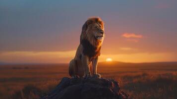 Majestic Lion Perched on Rocky Outcrop at Sunset Over Serengeti photo